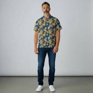 Yiume Mens Short Sleeve Button Up Shirt Floral Print Teal Blue XXL NWT‎